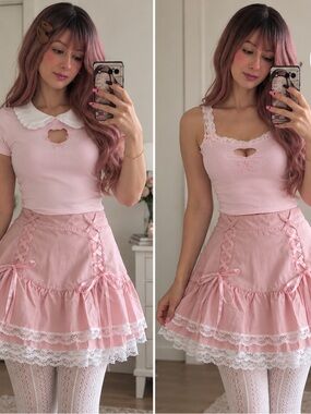 Pink Lace-Trim Tiered Mini Skirt with 2 pink tops kawaii